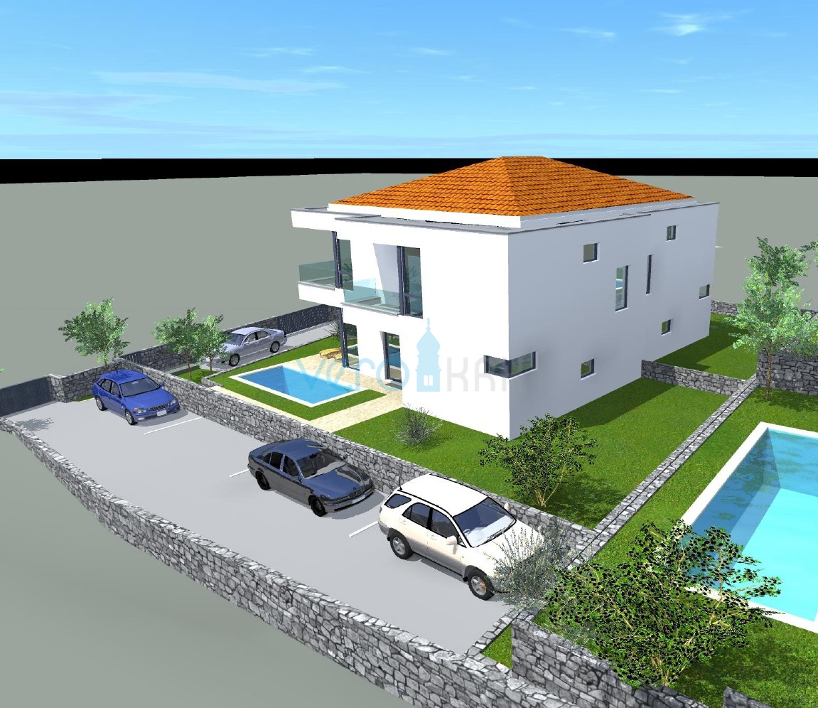 Otok Krk, Malinska, moderna dvojna hiša s bazenom, vrt, razgled, prodaja