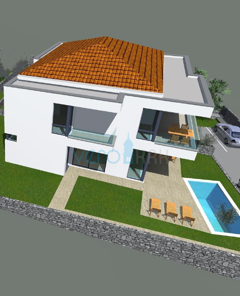 Otok Krk, Malinska, moderna dvojna hiša s bazenom, vrt, razgled, prodaja