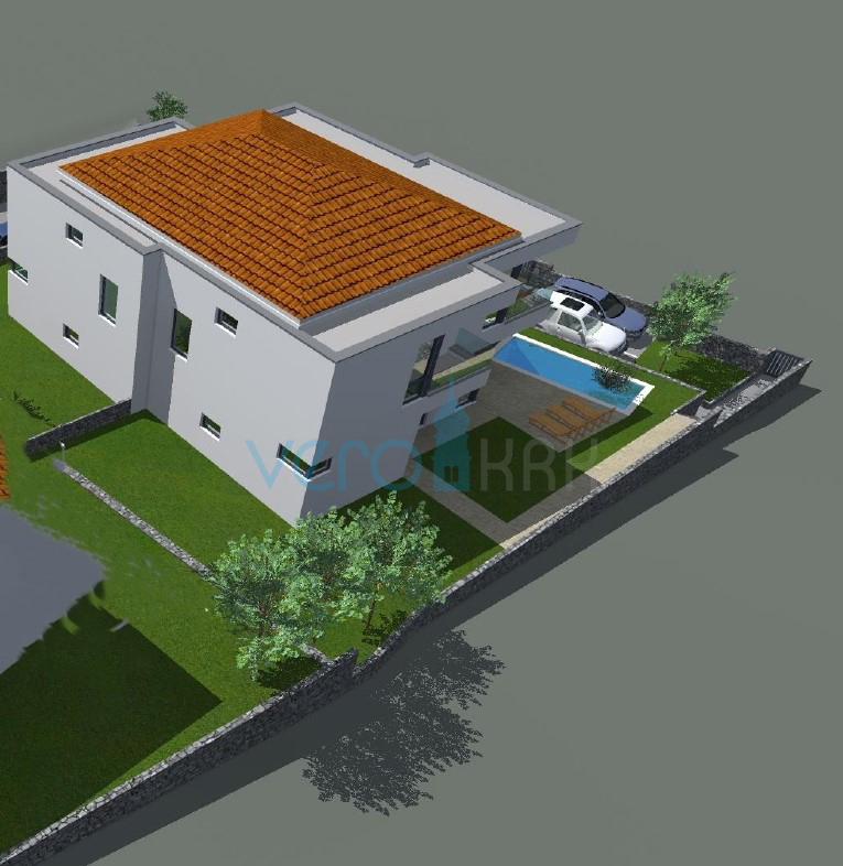 Otok Krk, Malinska, moderna dvojna hiša s bazenom, vrt, razgled, prodaja