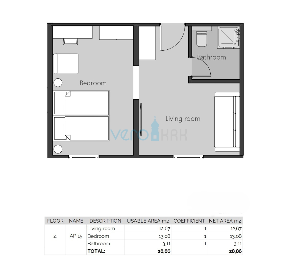 Crikvenica, novogradnja, sodoben enosobni apartma 29 m2 v drugem nadstropju, dvigalo, prodaja