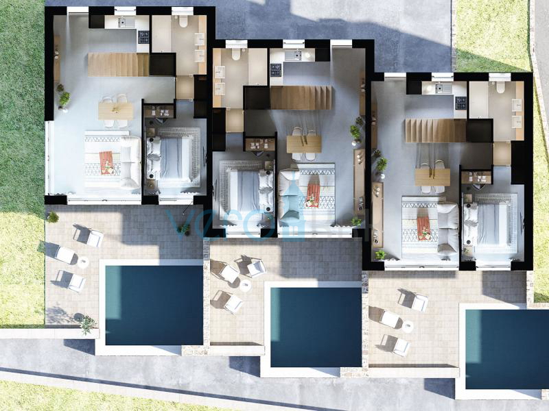 Otok Krk, mesto Krk, bližnja okolica, kompleks treh vil v vrsti z bazeni na odlični lokaciji, pogled na morje, prodaja