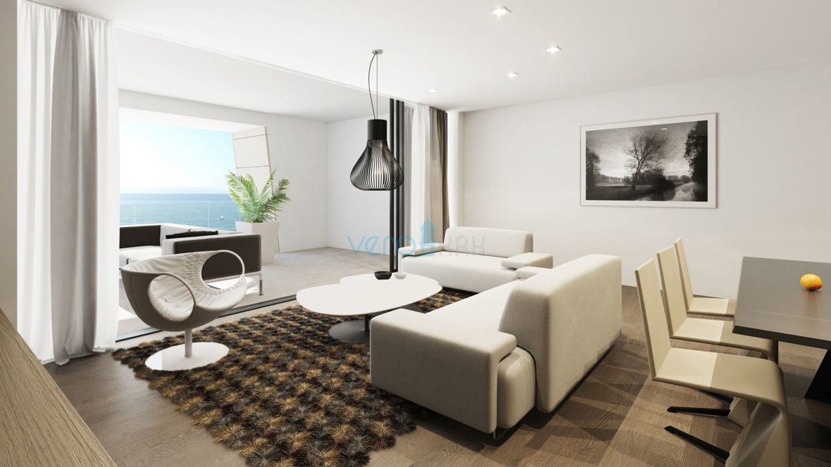 Malinska, otok Krk, luksuzno stanovanje z bazenom v pritličju, novogradnja, vrt, 150 m do morja, prodaja