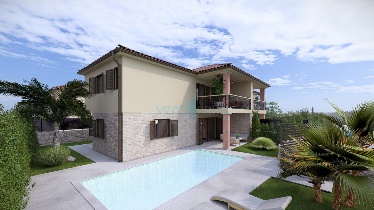 Otok Krk, Linardići, zemljišče 2048 m2, projekt za turistični kompleks, tri vile, prodaja