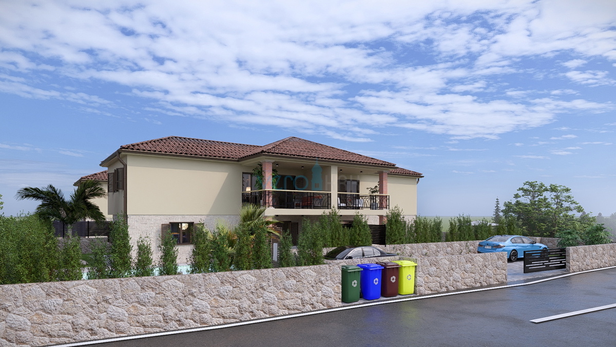 Otok Krk, Linardići, zemljišče 2048 m2, projekt za turistični kompleks, tri vile, prodaja