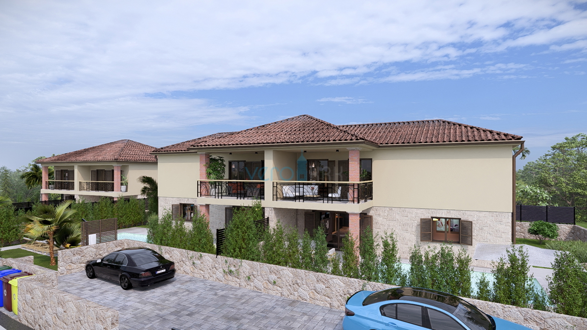Otok Krk, Linardići, zemljišče 2048 m2, projekt za turistični kompleks, tri vile, prodaja