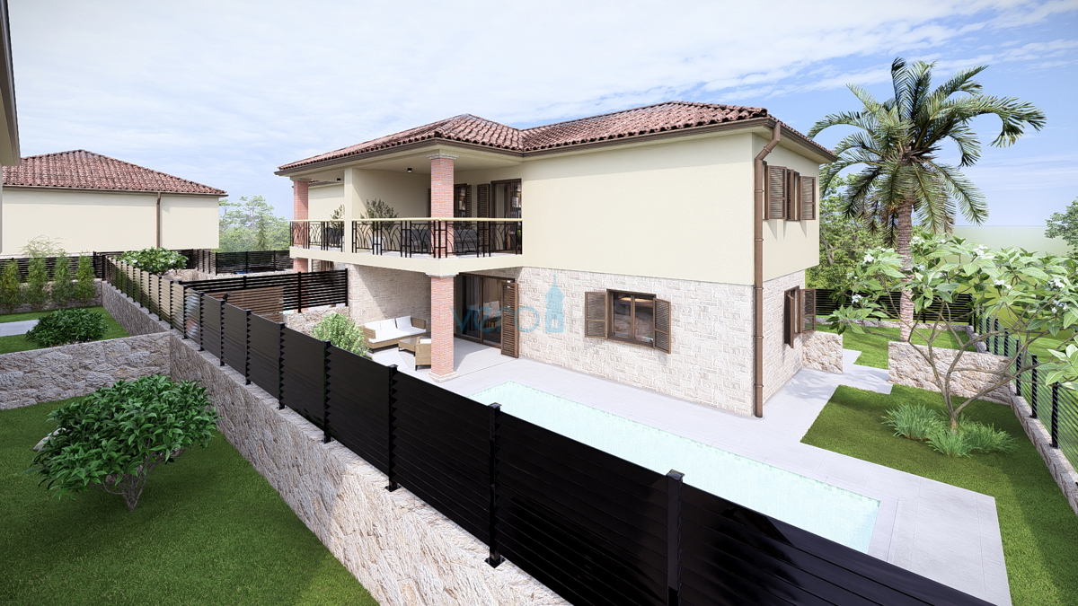 Otok Krk, Linardići, zemljišče 2048 m2, projekt za turistični kompleks, tri vile, prodaja