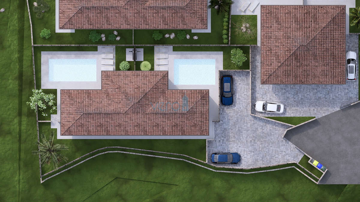 Otok Krk, Linardići, zemljišče 2048 m2, projekt za turistični kompleks, tri vile, prodaja