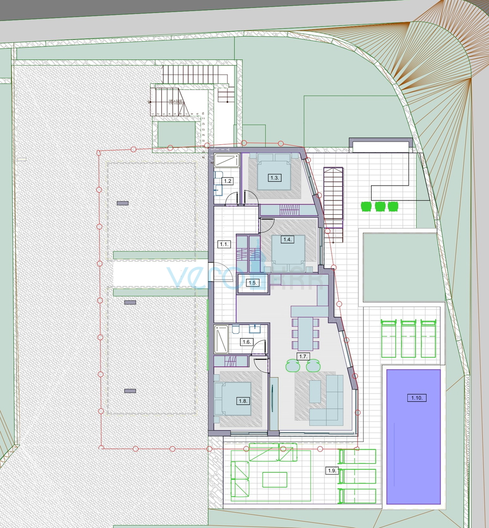 Grad Krk, otok Krk, pritličje, sodoben stan v novi vili 83 m2, bazen, vrt, prodaja