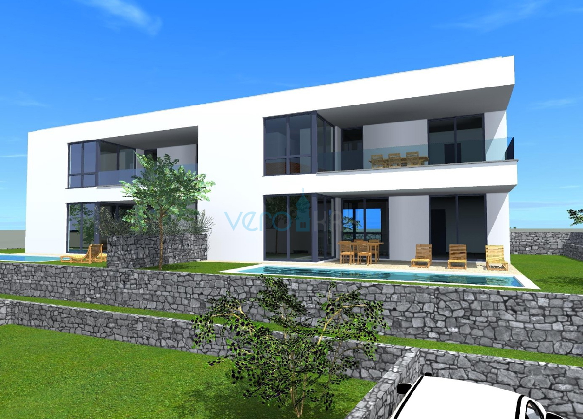 Otok Krk, Malinska, moderna hiša v novogradnji s bazenom, vrt, razgled, prodaja