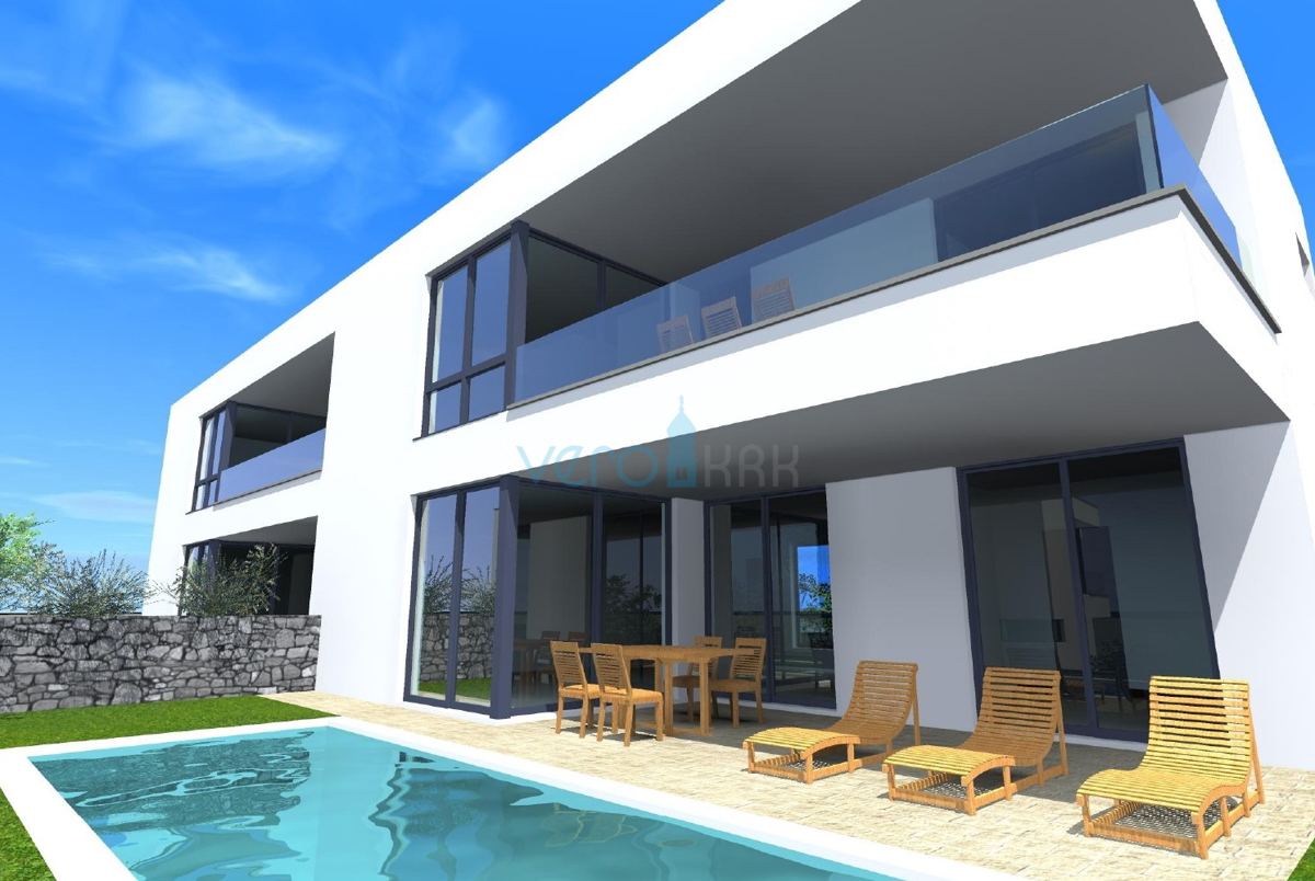 Otok Krk, Malinska, moderna hiša v novogradnji s bazenom, vrt, razgled, prodaja