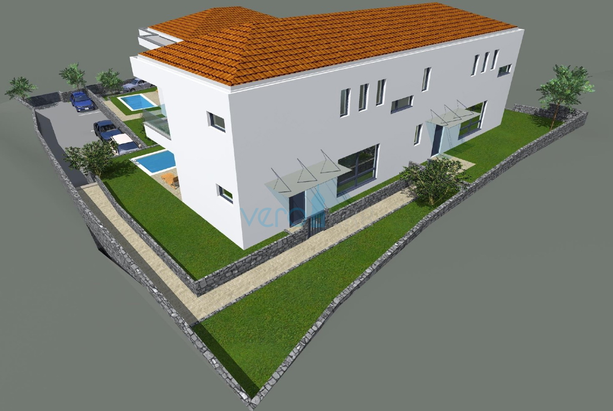 Otok Krk, Malinska, moderna hiša v novogradnji s bazenom, vrt, razgled, prodaja