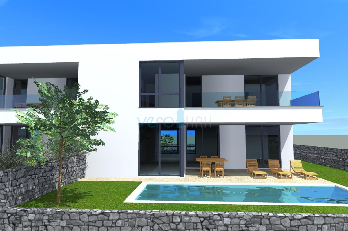 Otok Krk, Malinska, novogradnja, moderna hiša s bazenom, vrt, razgled, prodaja