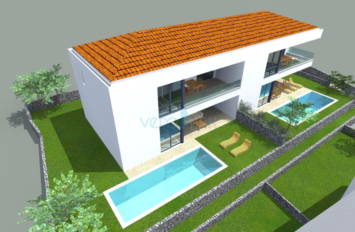 Otok Krk, Malinska, moderna hiša v novogradnji s bazenom, vrt, razgled, prodaja