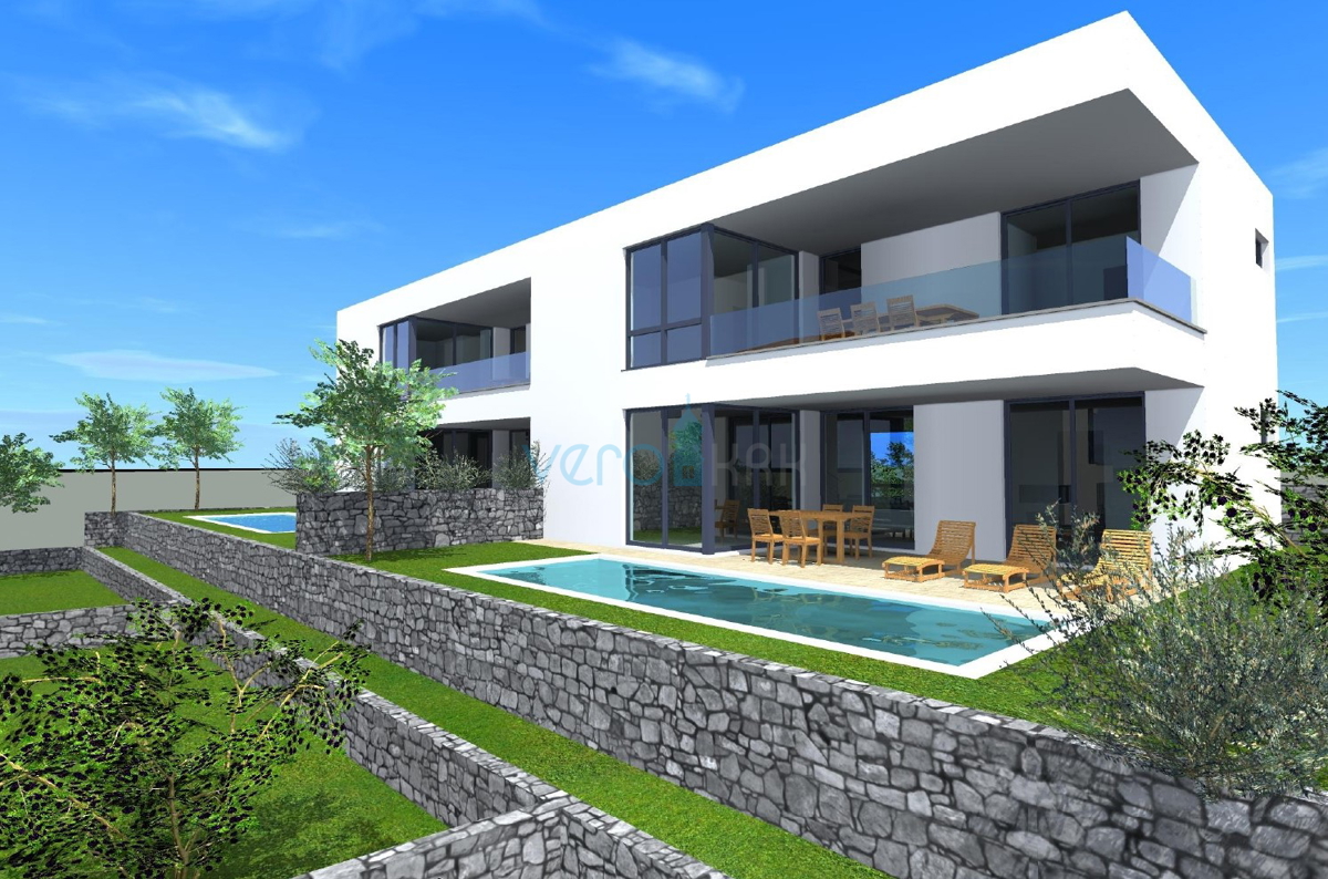 Otok Krk, Malinska, moderna hiša v novogradnji s bazenom, vrt, razgled, prodaja