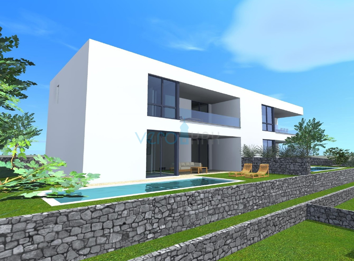 Otok Krk, Malinska, moderna hiša v novogradnji s bazenom, vrt, razgled, prodaja