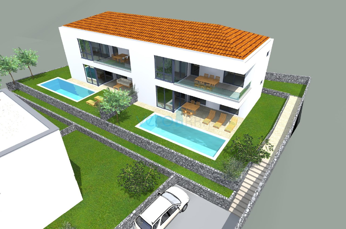 Otok Krk, Malinska, moderna hiša v novogradnji s bazenom, vrt, razgled, prodaja