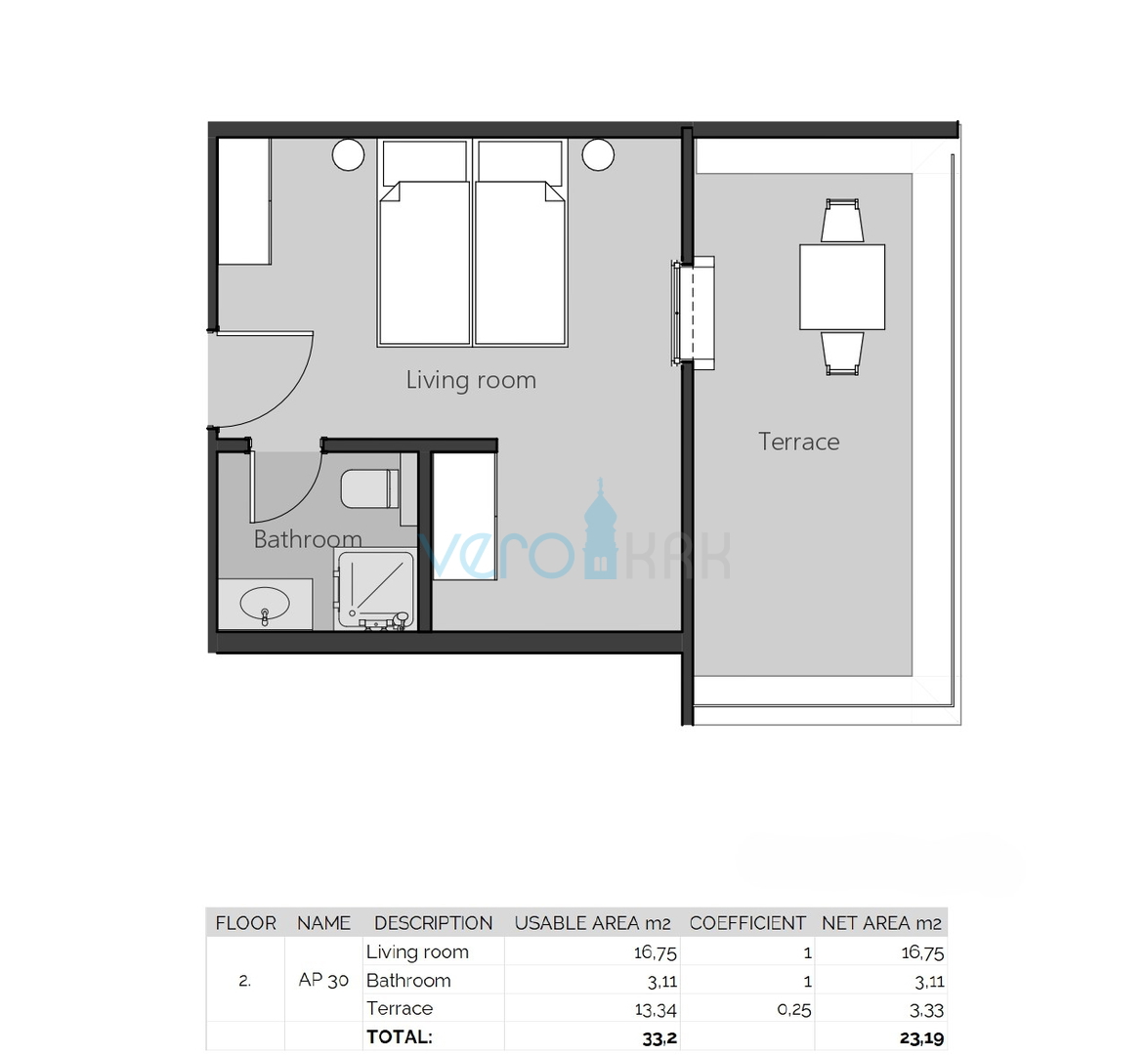 Crikvenica, novogradnja, stanovanje 19 m2 v drugem nadstropju, dvigalo, prodaja