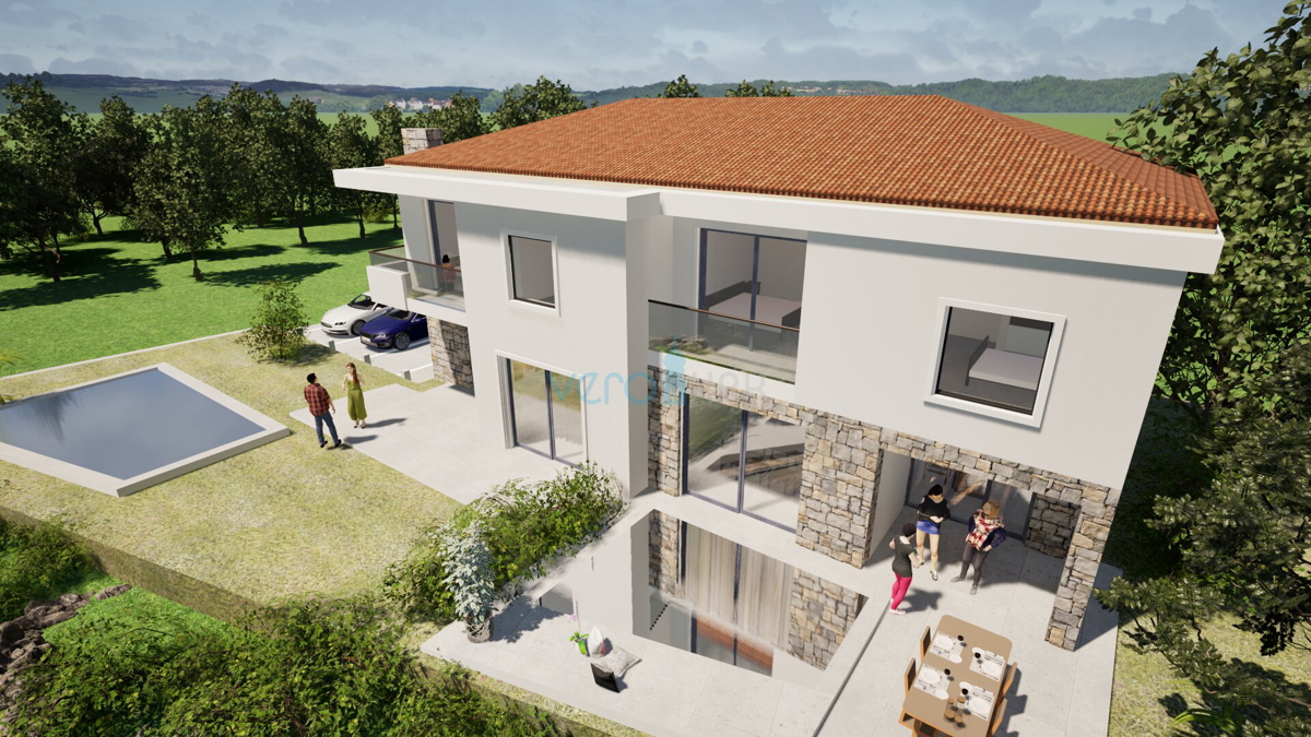 Malinska, otok Krk, nova moderna dvojna hiša, bazen, razgled, vrt, prodaja