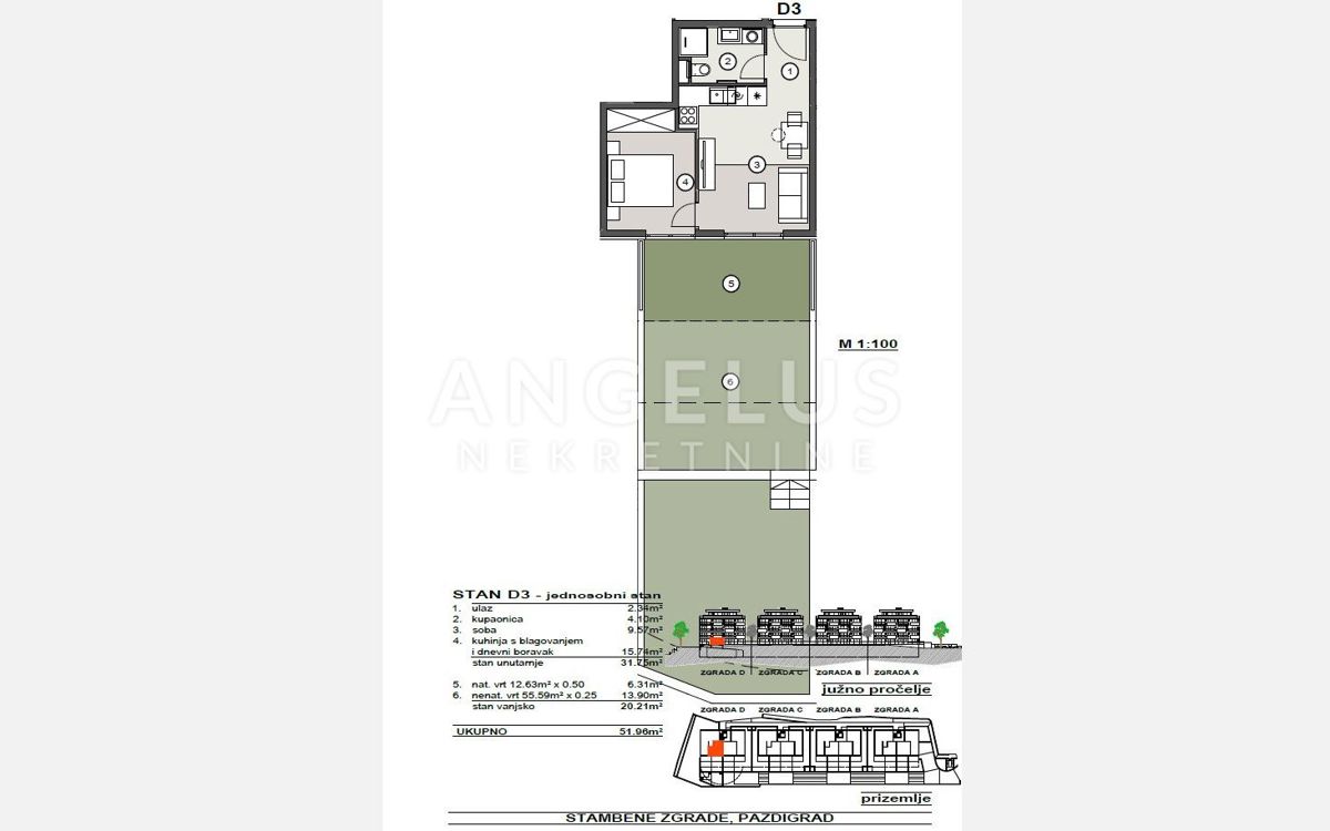 Hrvaška, Split, Pazdigrad - enosobno stanovanje v NOVOGRADNJI, 51,96 m2, PRODAMO