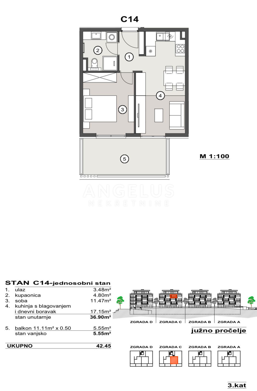 Hrvaška, Split, Pazdigrad - enosobno stanovanje v NOVOGRADNJI, 42.45 m2, PRODAMO
