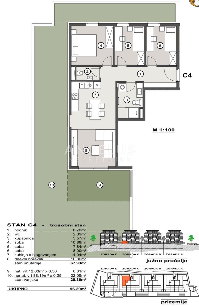 Hrvaška, Split, Pazdigrad - trisobno stanovanje v NOVOGRADNJI, 96,29 m2, PRODAMO